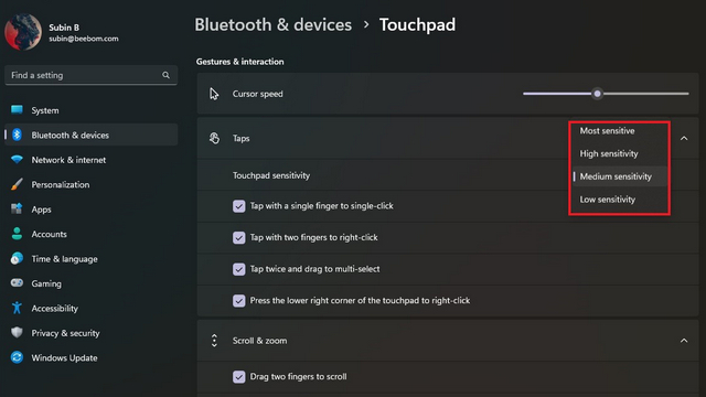 సున్నితత్వ స్థాయిని ఎంచుకోండి